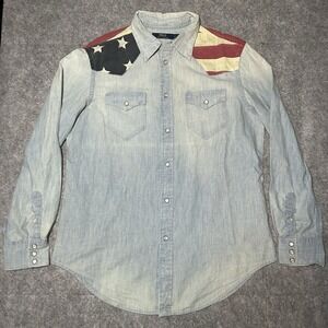 Polo Ralph Lauren Men's Medium Chambray American Flag Pearl Snap Shirt Button Up